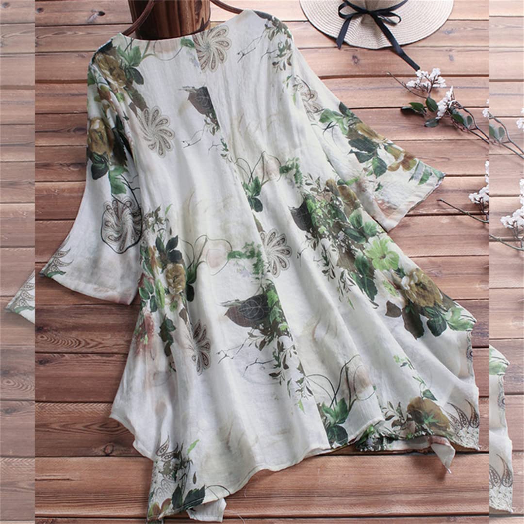 Camisa de Manga 3/4 con Cuello en V para Mujer, túnica Informal Suelta de algodón y Lino, Blusa Informal Suelta de Verano con Flores