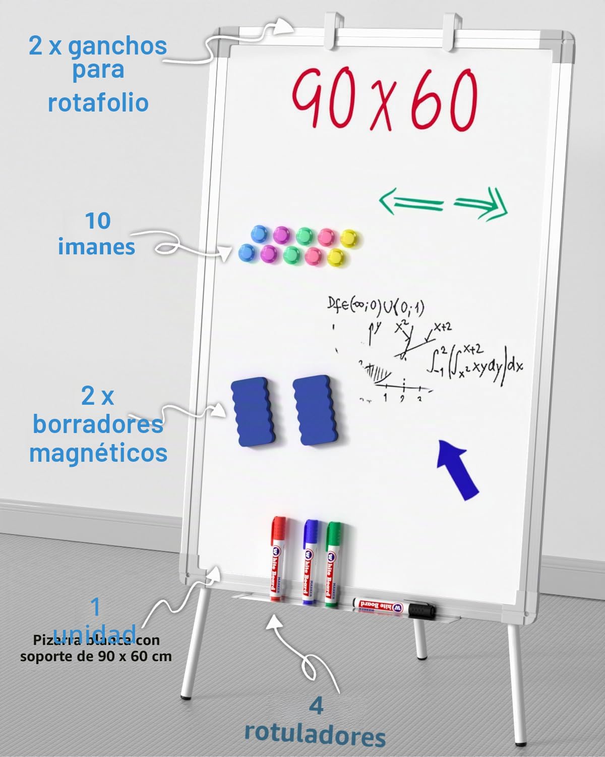 Nicpro Pizarra blanca con soporte, 90 x 60 cm, pizarra blanca magnética de borrado en seco con 4 bolígrafos, borrador, imán, rotafolio, altura ajustable, caballete de escritura portátil para