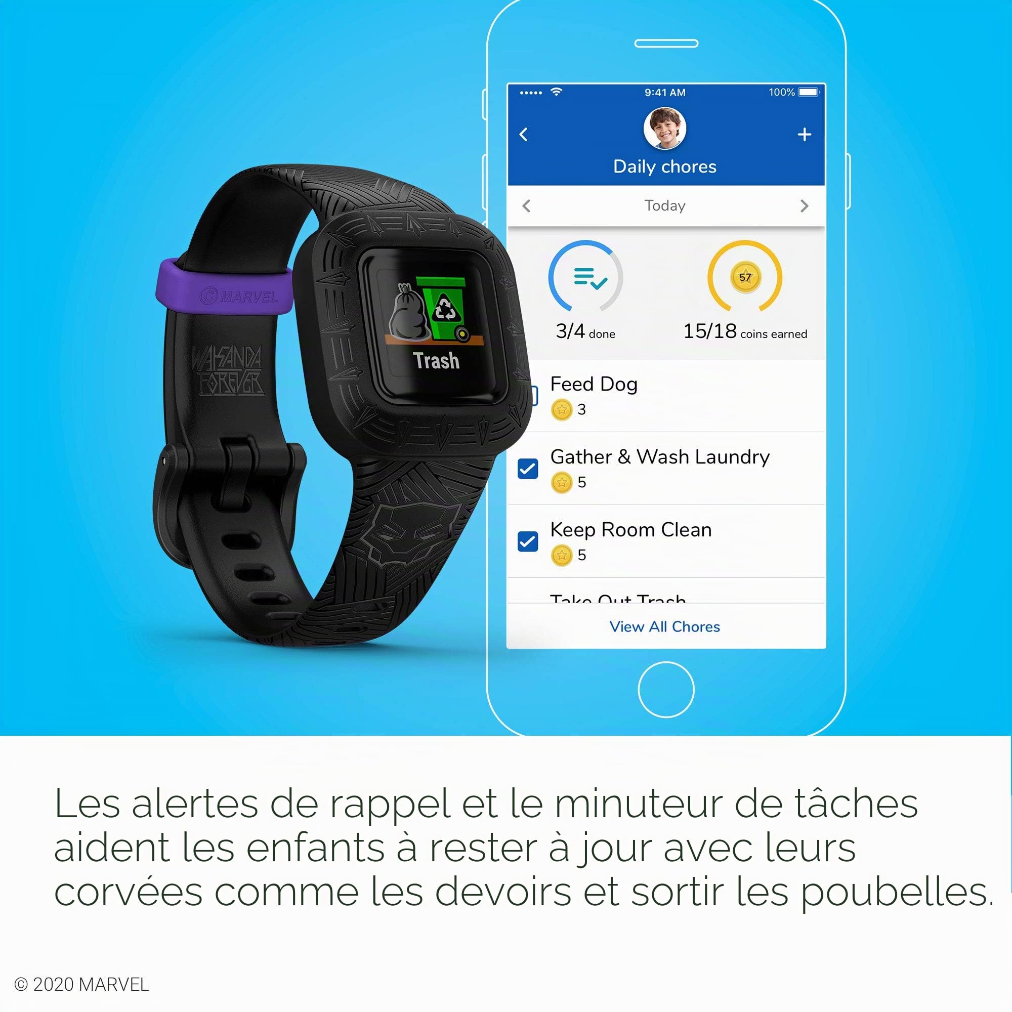 Garmin Vivofit Jr. 3 – Tracker d'activité pour enfants, adapté à la natation, jusqu'à 1 an d'autonomie, Marvel Black Panther