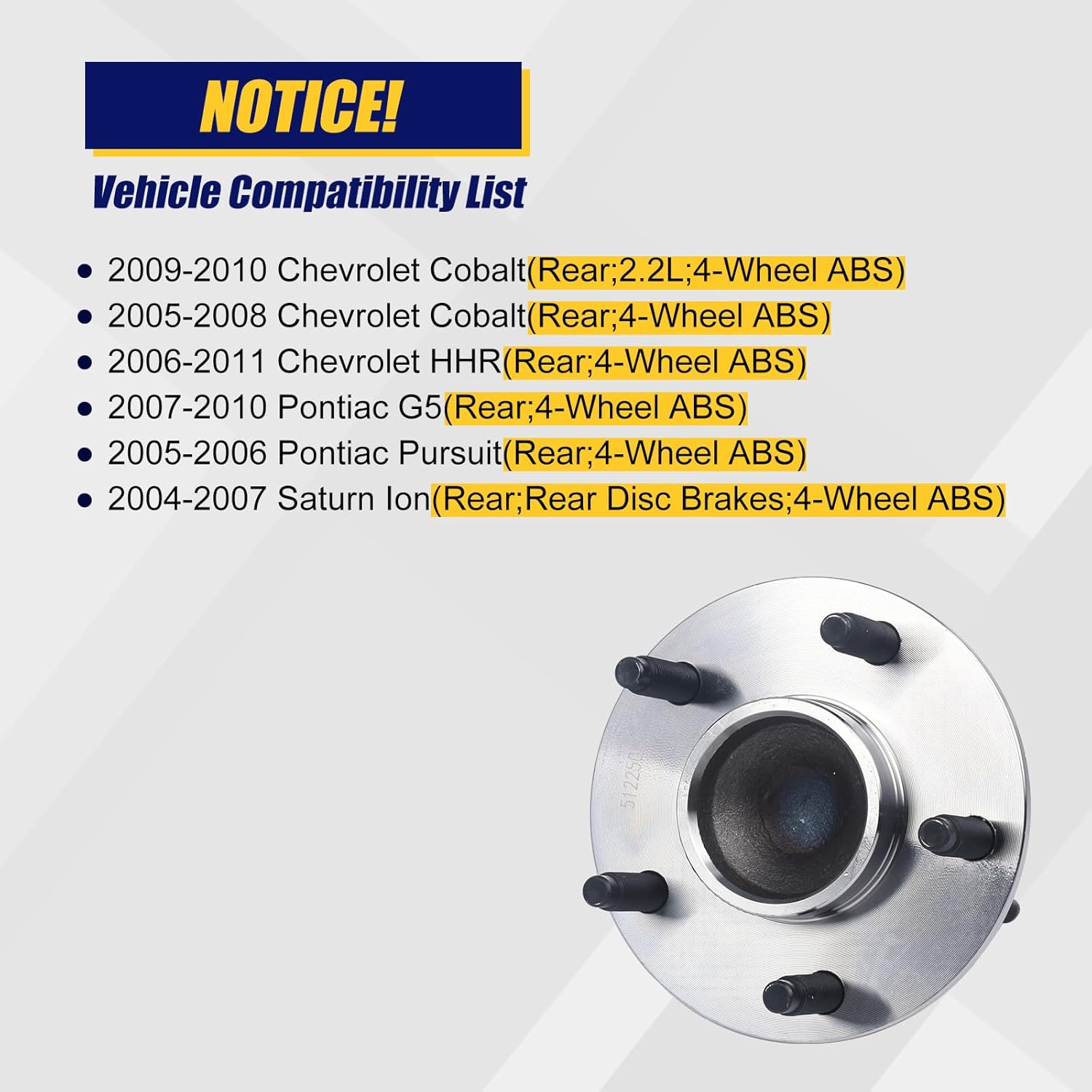 KUSATEC 512250 Rear Wheel Bearing and Hub Assembly Compatible with Chevrolet Cobalt 2005-2008/HHR 2006-2011, Pontiac Pursuit 2005 2006/G5 2007-2010, Saturn Ion 2004-2007, 5 Lug Bolts w/ABS