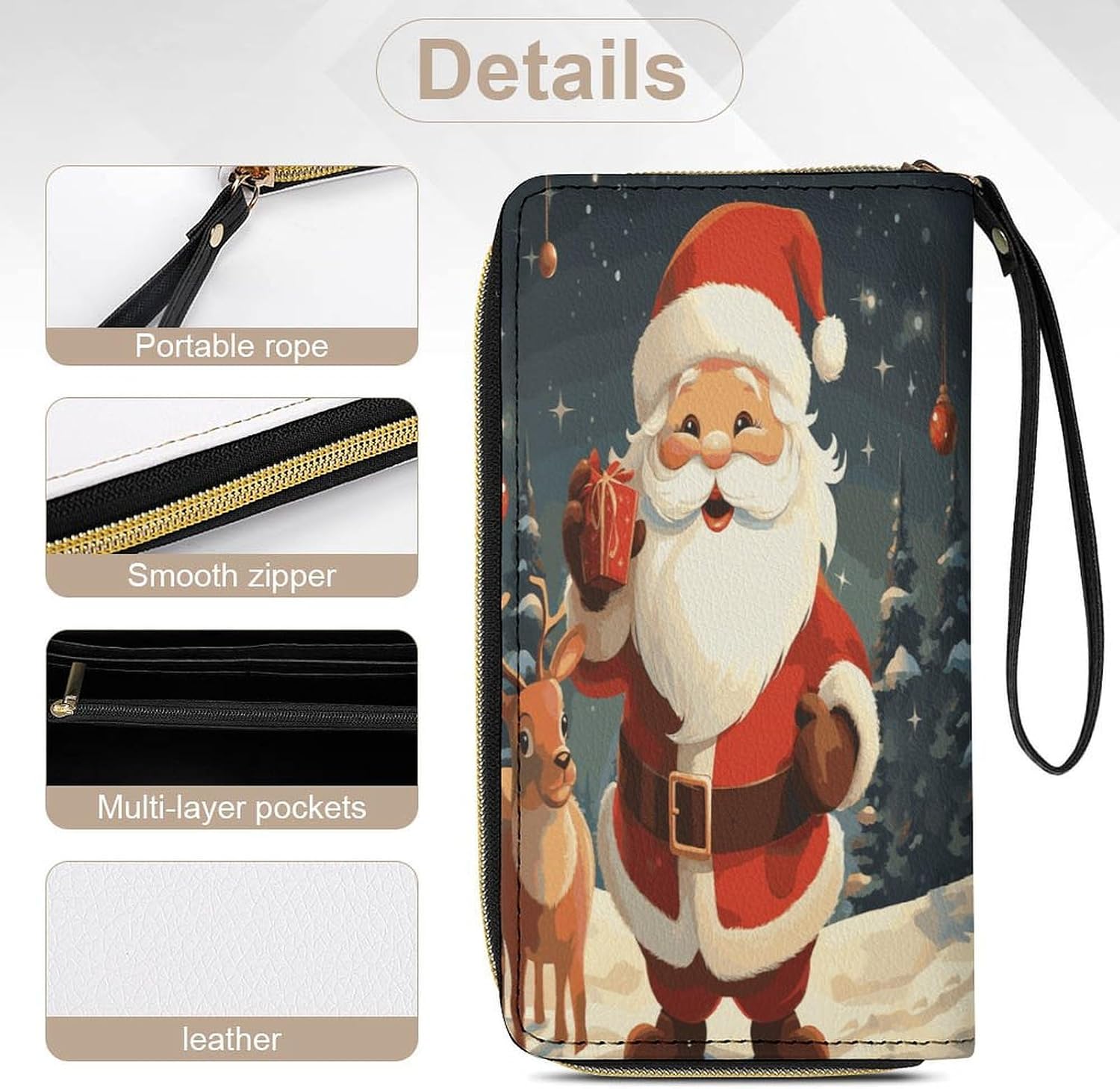 Womens Wallet Christmas Santa Claus Printed Wristlet Wallets for Women Large Capacity Credit Card Holder Ladies Phone Clutch Leather Zip Around Clutch Wallet
