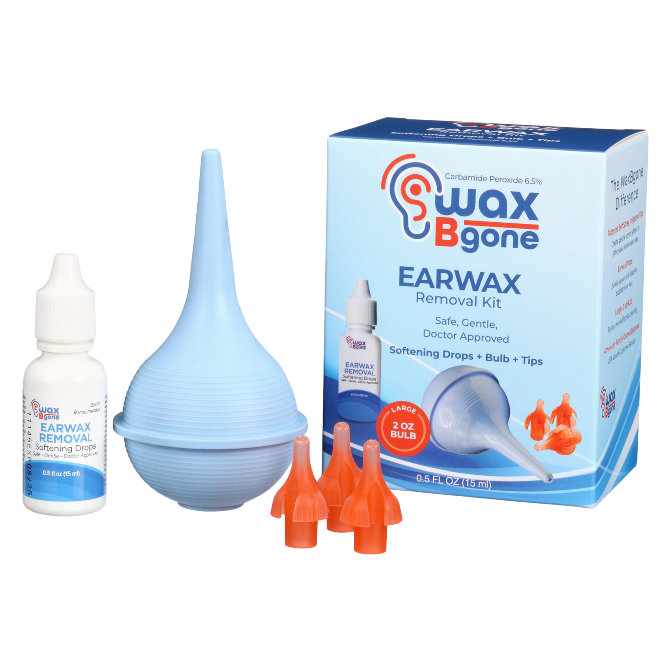WaxBgone Earwax Removal Kit with Drops, Large 2-oz Ear Bulb Syringe & 3 SoftSpray Tips - Safe & Effective Ear Cleaning Kit - Wax Softening Formula Dissolves Earwax with Gentle Foaming Action - 0.5 Oz