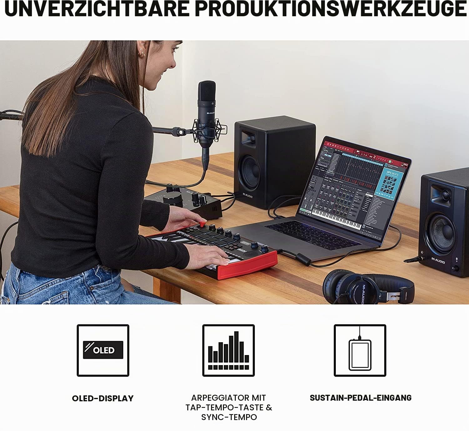AKAI Professional MPK Mini Play MK3 - MIDI Keyboard Controller mit eingebautem Lautsprecher und Sounds & M-Audio SP-2 - Universal Sustain Pedal mit Piano Style Action