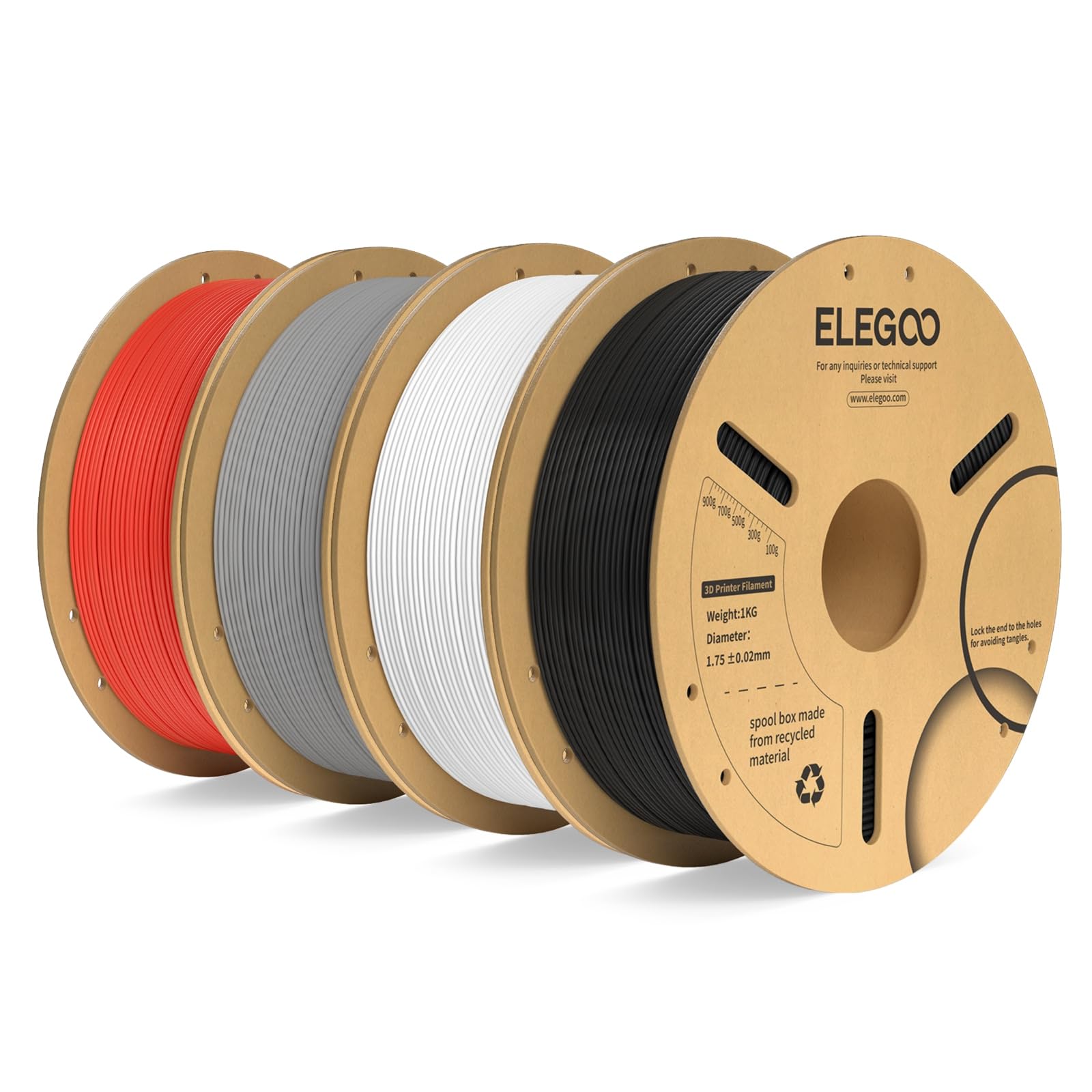 ELEGOO PLA Plus 3D Printer Filament 4KG Bundle Black/White/Grey/Red | Upgrade PLA Filament Set, Less Tangle & No Clogs, +/- 0.02mm Accuracy, Moisture Sealed, 1kg Spool Fits Most FDM 3D Printers