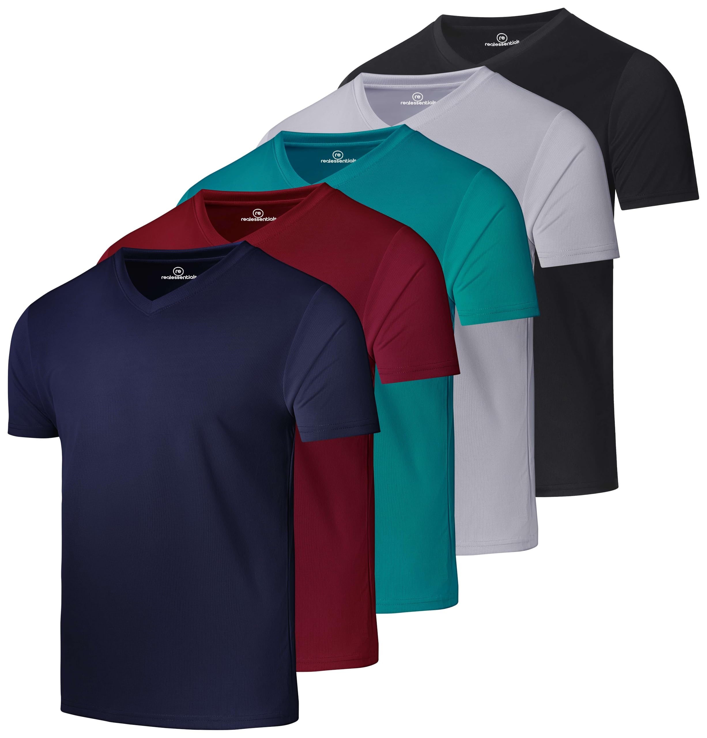 Real Essentials 5 Pack: Men's Mesh Quick Dry Short Sleeve V-Neck T-Shirt - Athletic Performance (Available in Big & Tall)