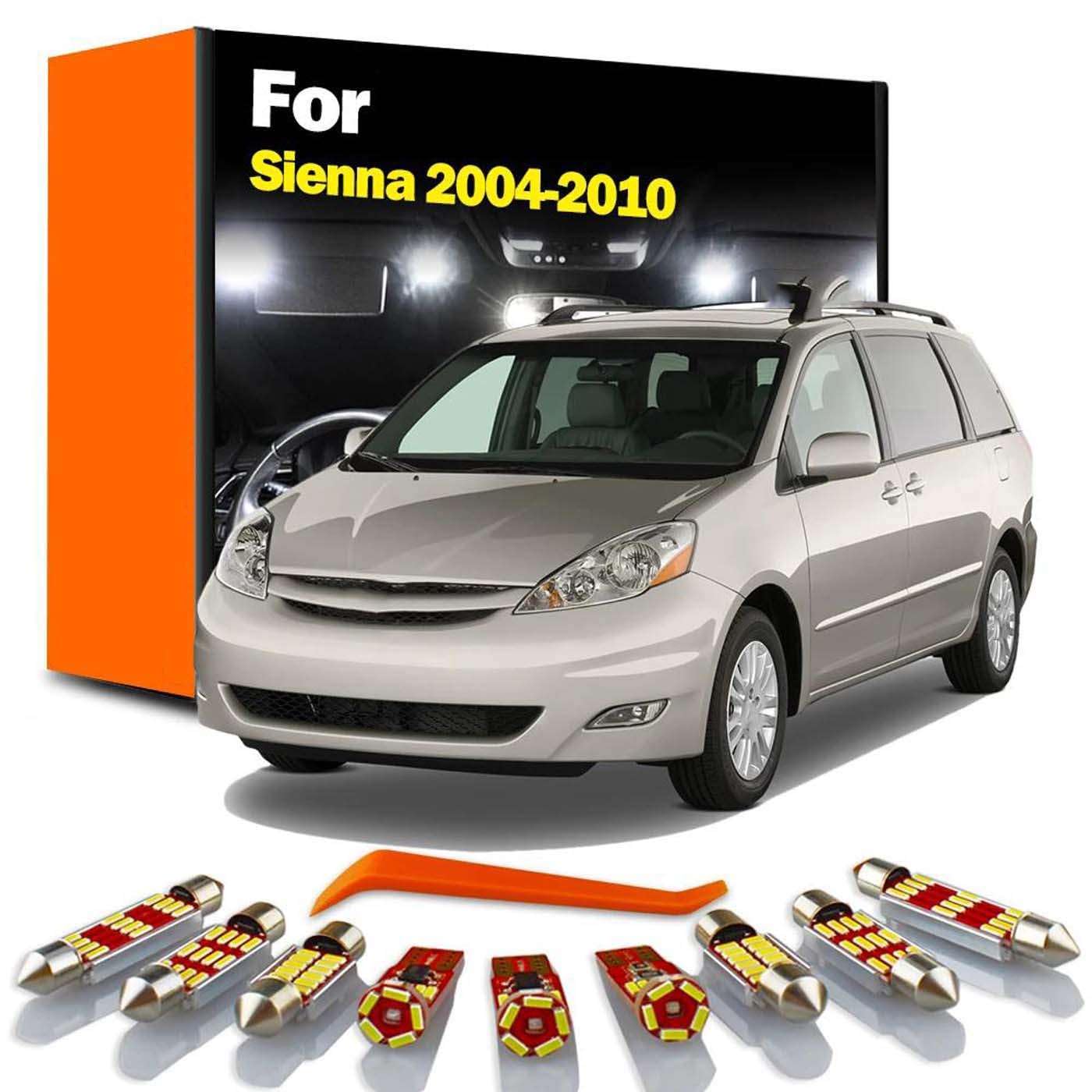 Kit de 11 Luces LED Interiores para Coche, para Sienna 2004 2005 2006 2007 2008 2009 2010 Lámpara de Techo, Lectura de mapas y Maletero