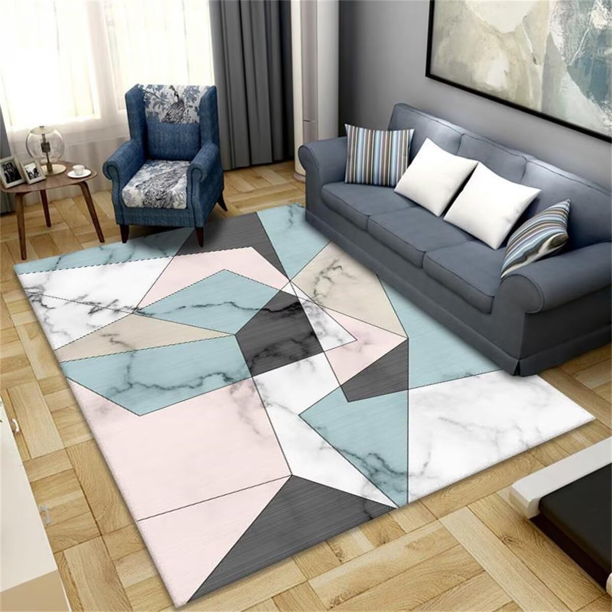 Tapis de canapé à texture de marbre rose et bleu pour une atmosphère cocooning