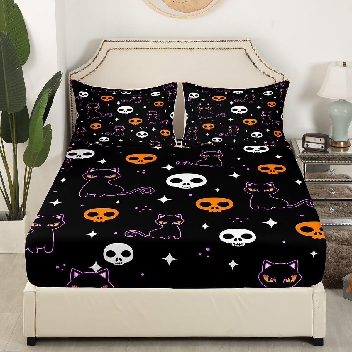 Erosebridal Gradient Black Cat Bed Sheets Set King Size,Halloween Skull Sheet Set for Youth Adult,Galaxy Moonight Sheets,Skeleton Flat Fitted Sheet with 2 Pillowcases,Halloween Decorations for Home