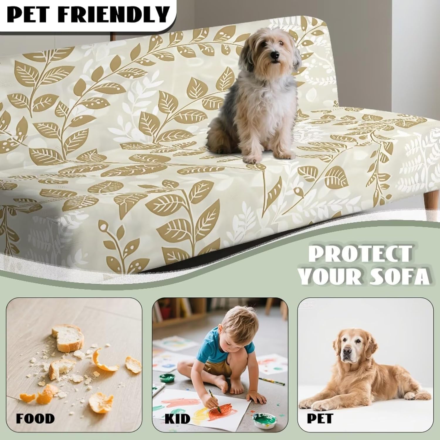 Gold Leaf Futon Covers Slipcover Full Size Anti Slip Armless Sofa Covers Stretchable Furniture Protector Washable Couch Slipcover Indoor