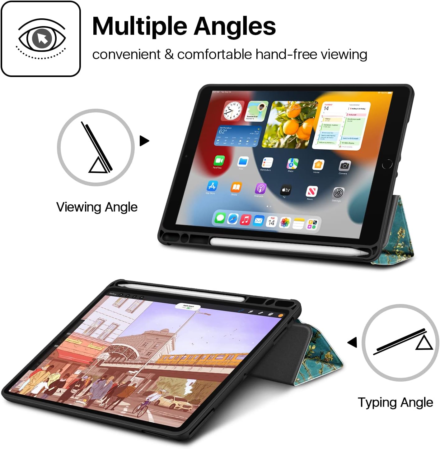 TNP Case for iPad 9th Gen 2021/iPad 8th 2020/iPad 7th 2019 Generation Protective Cover with Pencil Holder - 10.2 inch Slim Soft TPU Trifold Stand PU Leather Folio Auto Sleep Wake - Almond Blossom