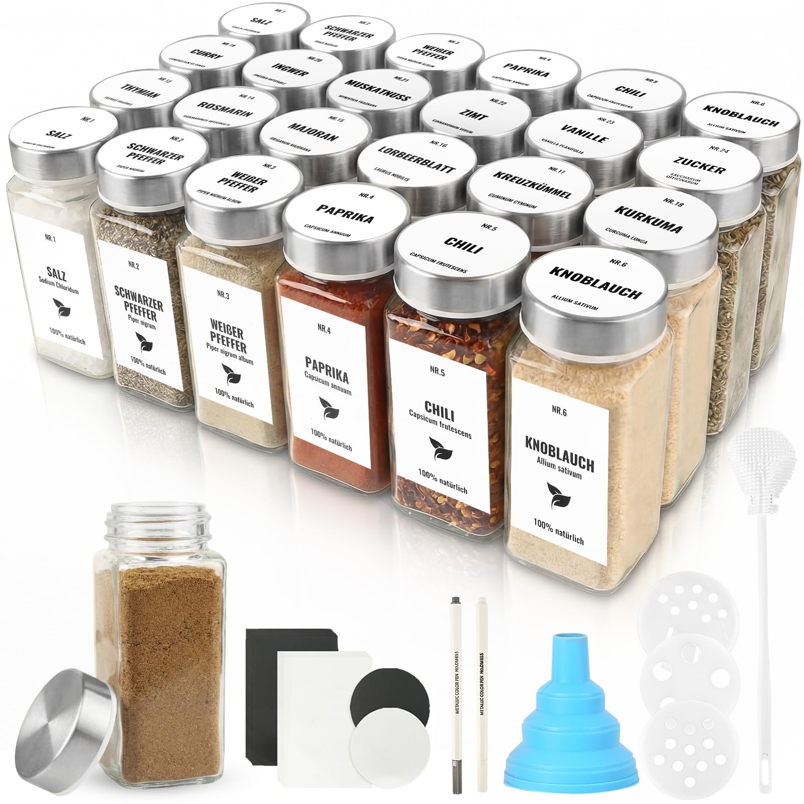 24 Pièces Pot Epices Verre Carré 120ml Bocaux à Épices avec Couvercle en Acier Inoxydable, Rangement pour Epices de Cuisine, Convient pour Le Camping (Blanc argenté)