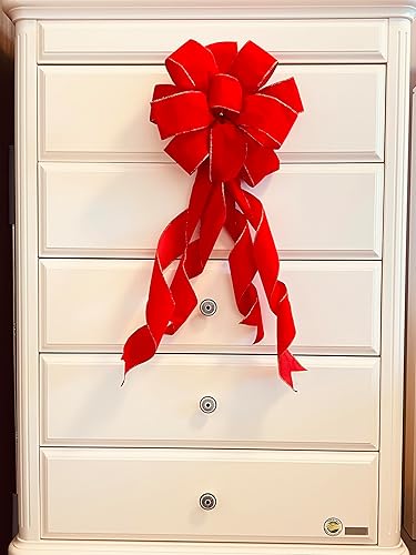 Miniatura 5 de Lazos grandes de Navidad, 2 unidades, lazos de terciopelo rojo con alambre dorado con colas largas para corona floral, decoración del árbol de