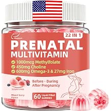 Prenatal Vitamins for Women with Choline, Iron, Methylfolate, Vegan Omega-3DHA+EPA, Multivitamin & Probiotics, 22 in 1 Postnatal Vitamin for Women Before, During & After Pregnancy, Sugar Free, 60Cts