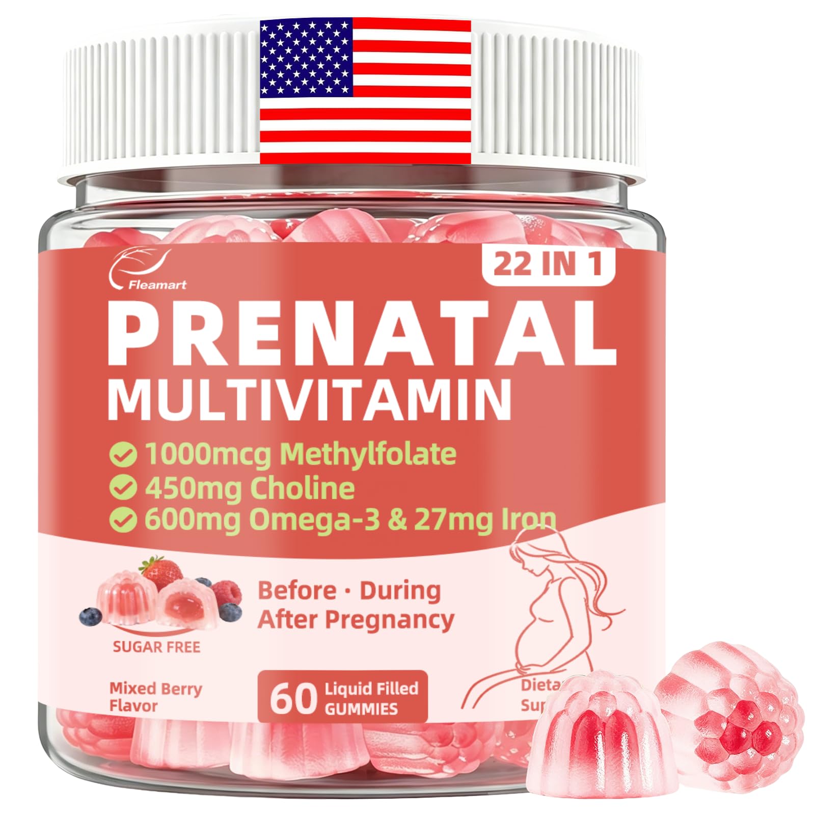 Fleamart vitaminas pré-natais em gomas com DHA, ferro, colina e metilfolato, 60 gomas