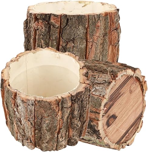 Maceta de madera natural, 3 unidades, cubo de corteza, maceta rústica, florero, contenedor para arreglos florales para decoración del hogar en