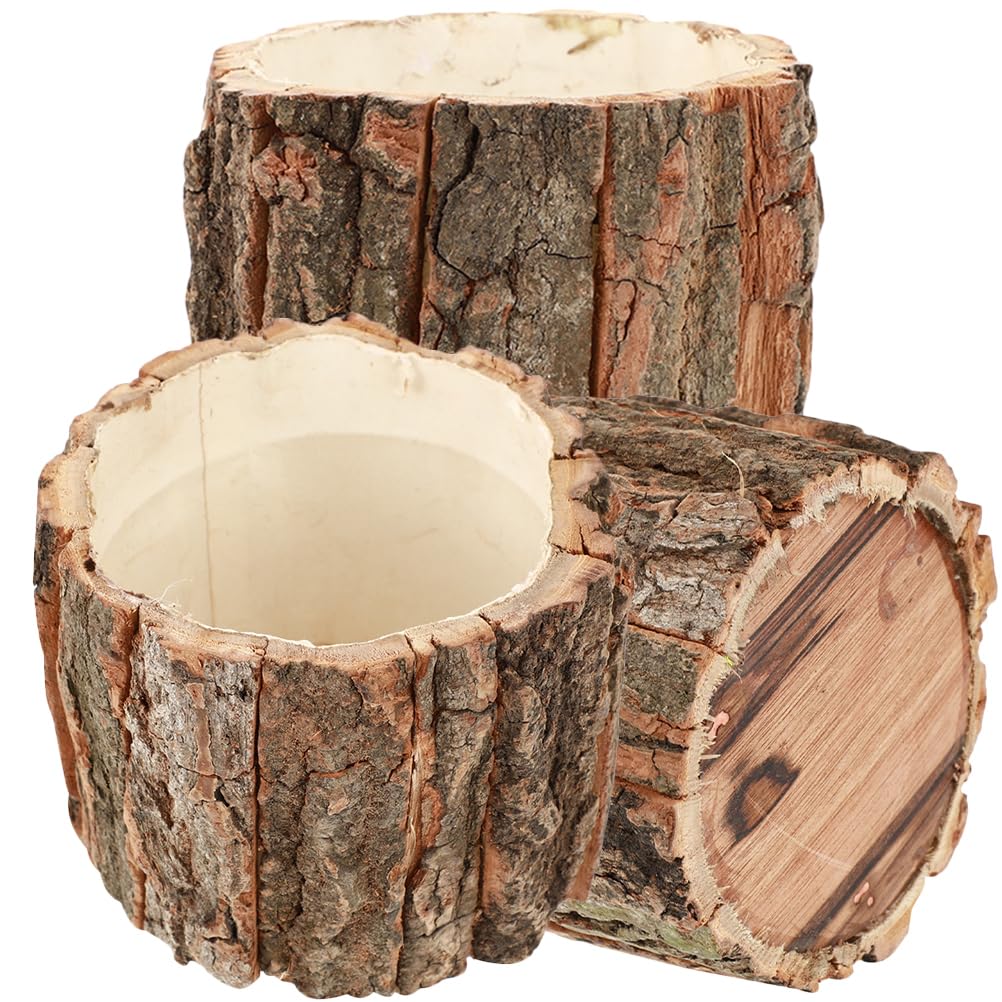 Pots de fleurs en bois naturel x3 rustiques en écorce 8x9 cm pour vos plantes