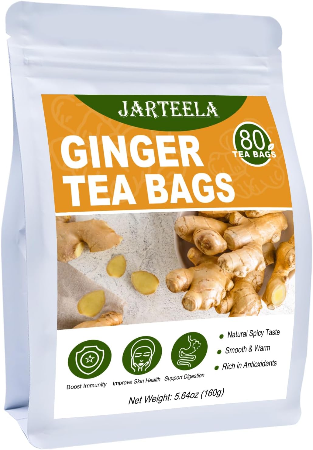 Jarteela - Ginger Tea Bags, 2g x 80 Count - Natural Ginger Root Tea Bags - Non-GMO - Caffeine-free - Soothing & Spicy - Aids Digestion