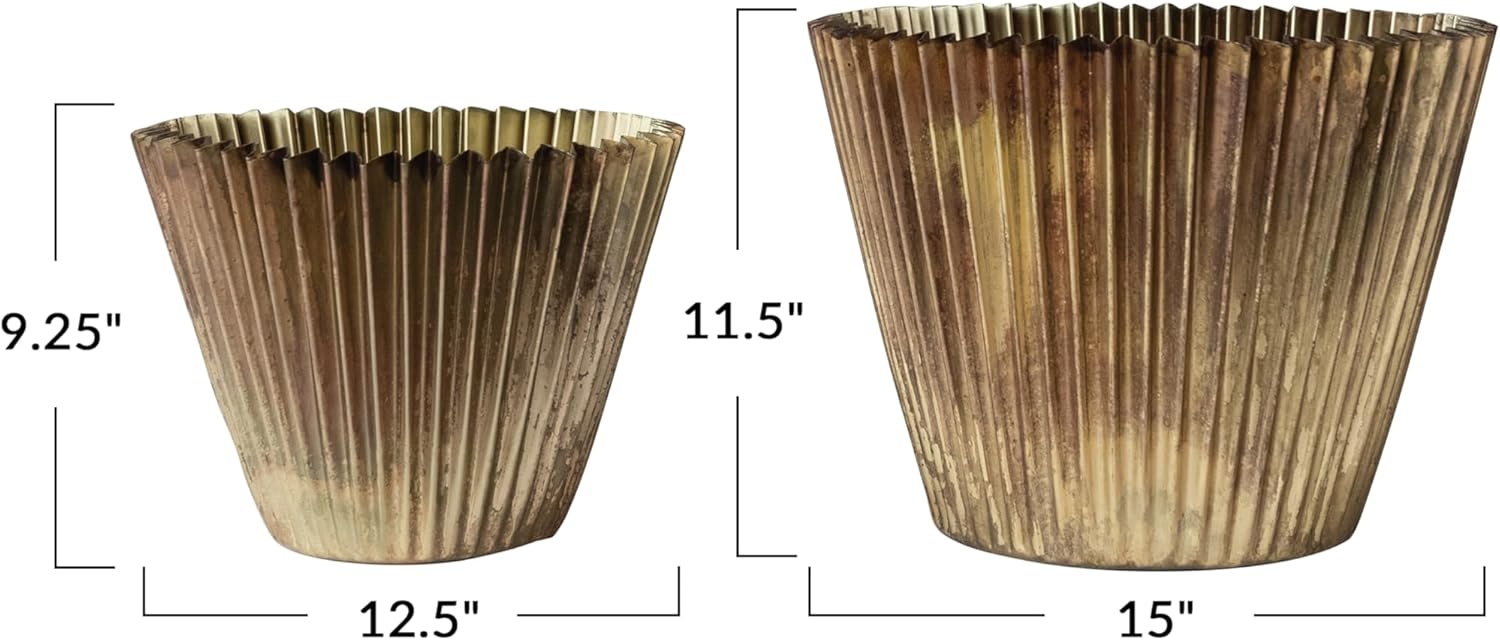 Creative Co-Op Fluted Metal Vase with Distressed Finish, Antique Brass, Set of 2 Sizes