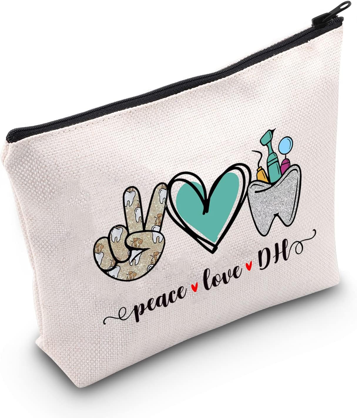 POFULLDental Hygienist Gifts Dentist Gift Peace Love DH Cosmetic Bag New Dentist Gift Graduation Gift For DH, peace love DH bag