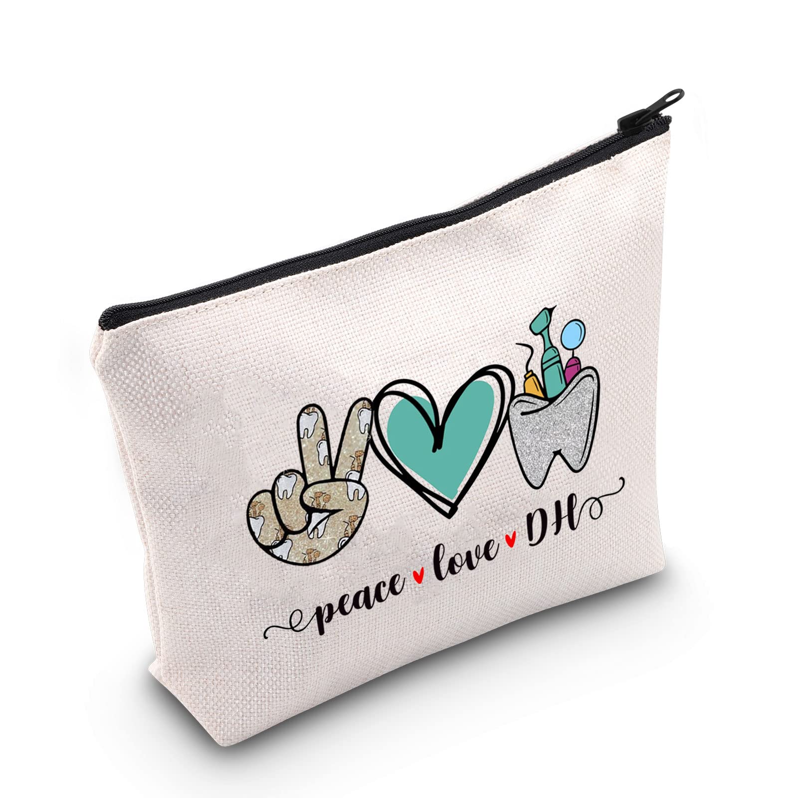 POFULLDental Hygienist Gifts Dentist Gift Peace Love DH Cosmetic Bag New Dentist Gift Graduation Gift For DH, peace love DH bag