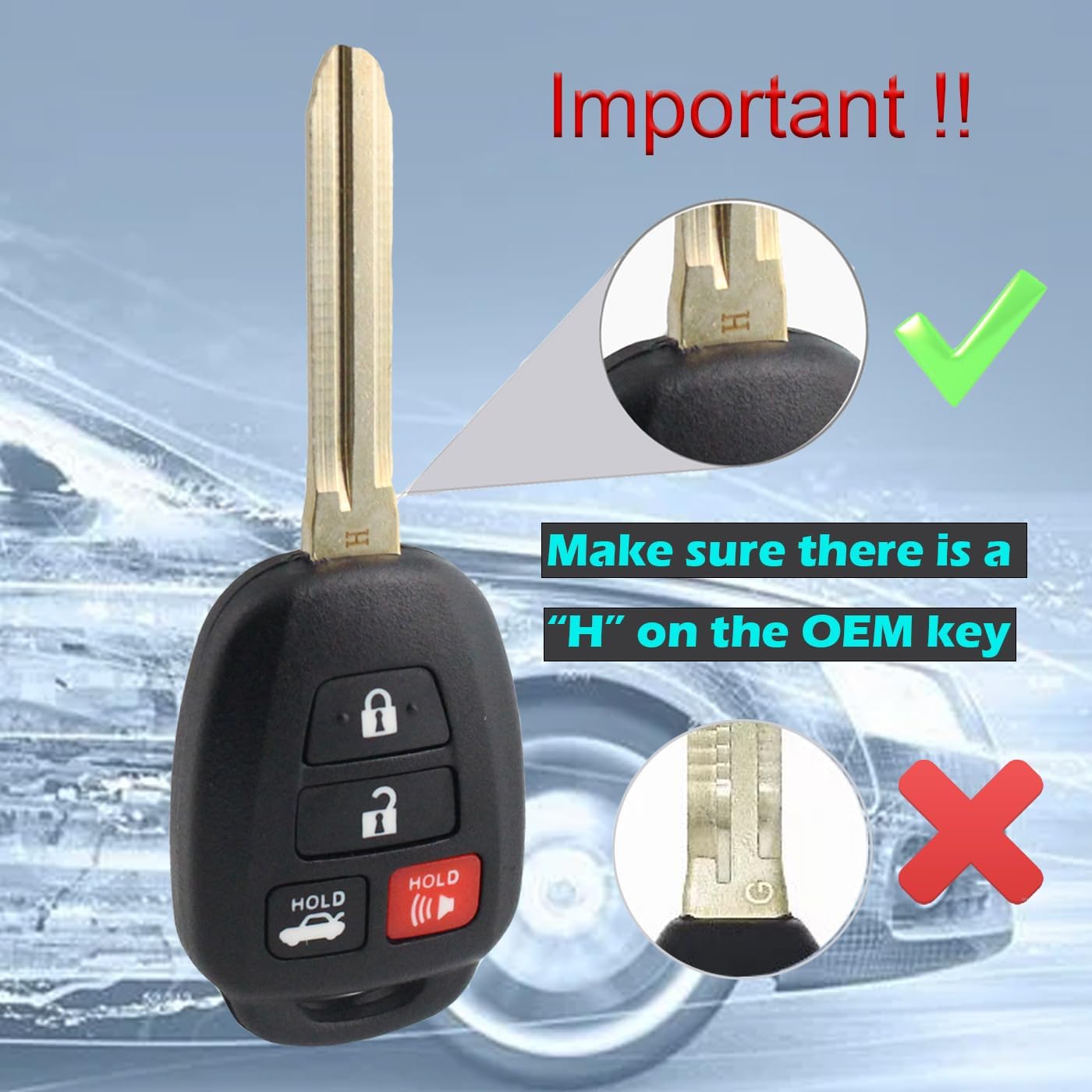Key Fob Remote Replacement Compatible with Toyota Corolla 2014 2015 2016 2017 2018 2019/Camry 2014-2017/Tacoma 2016-2018 Keyless Entry Remote Control Car Key HYQ12BDM, H chip (2pcs)