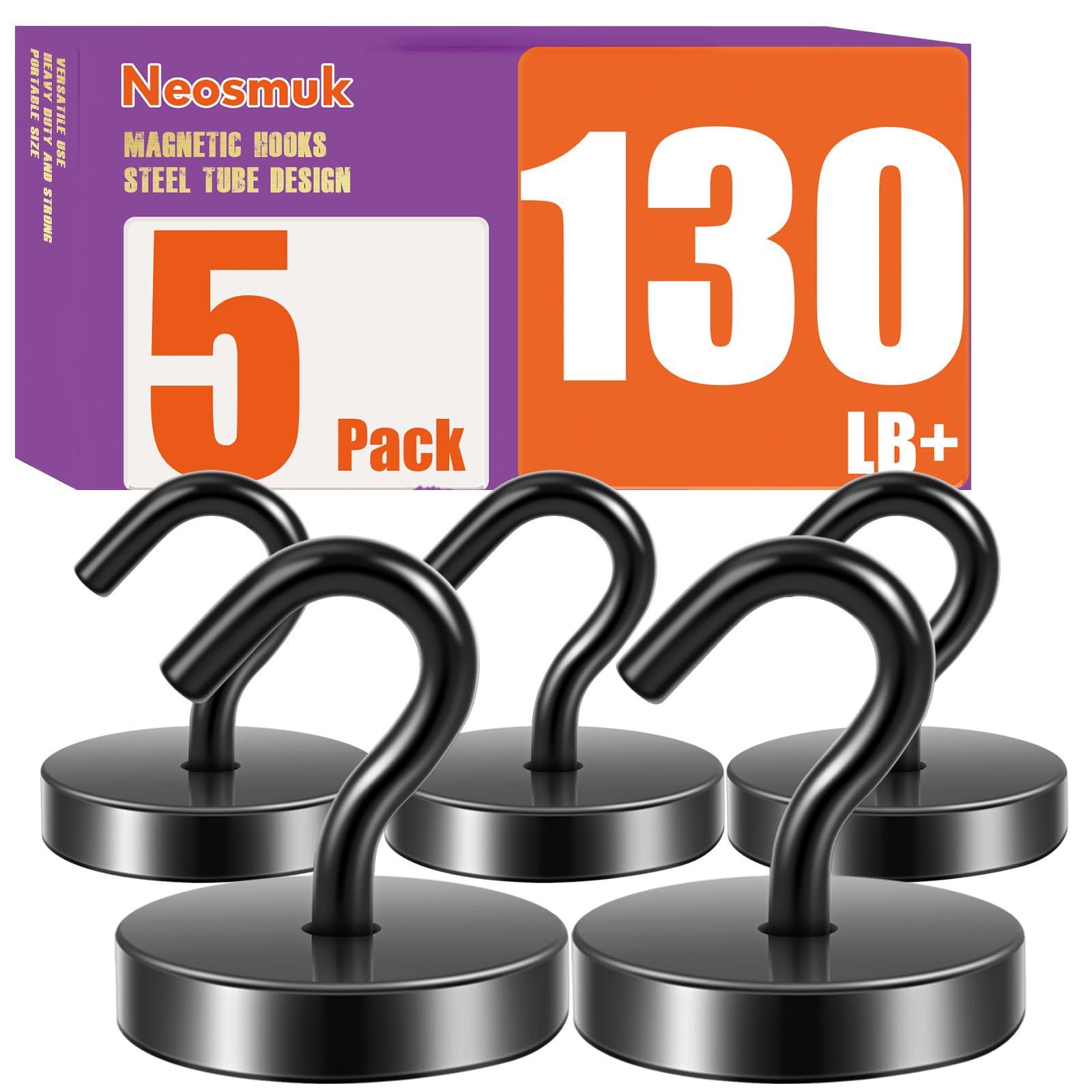 Neosmuk Magnetic Hooks Steel Tube Design for Cruise,130lb+ Black,5 Pack | Cruise Ship Essentials,Heavy Duty Magnett Hooks for Cabins, Refrigerator, Grill, Hanging, and Travel Extra Strong Must-Haves