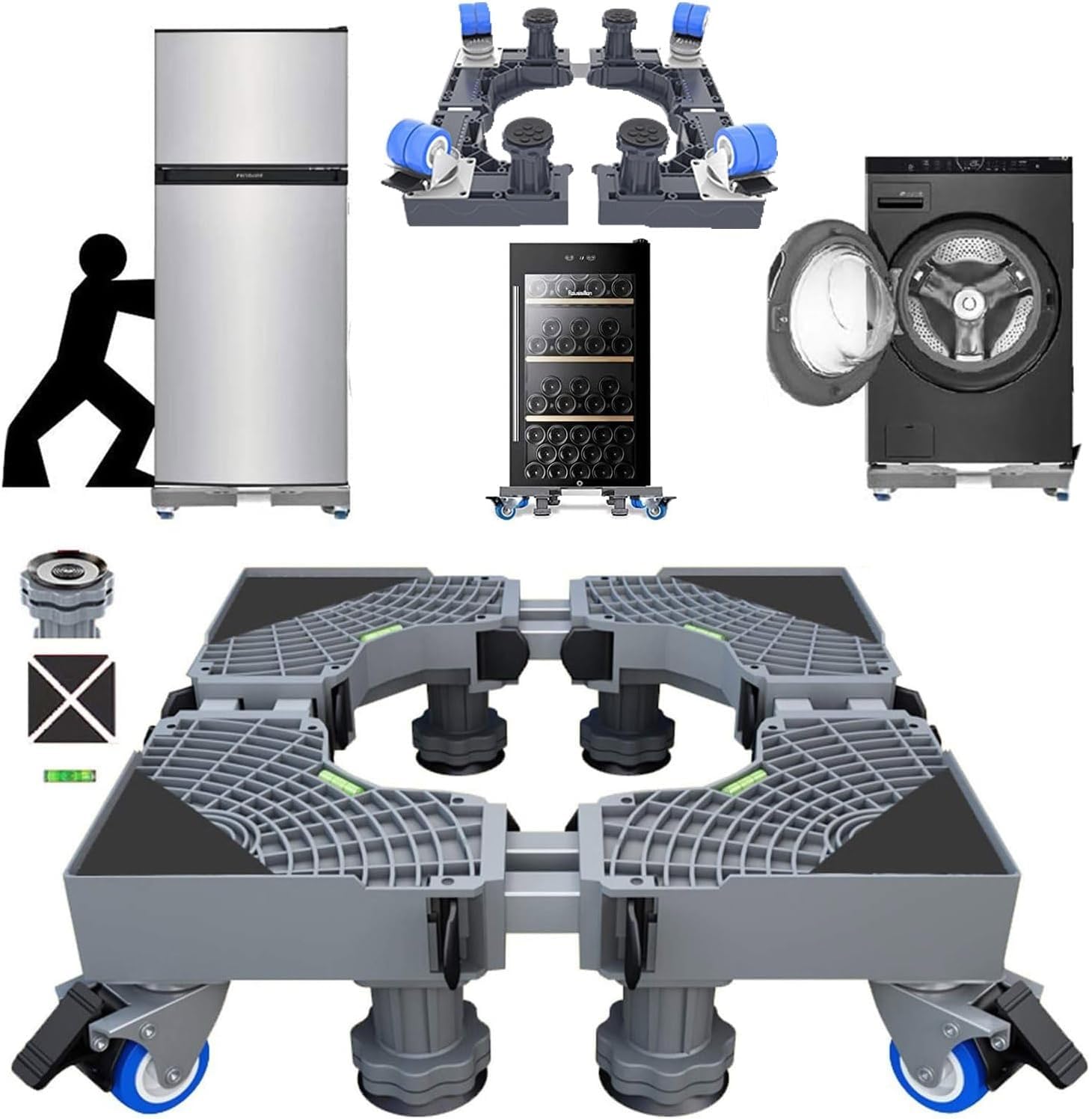 Puri ProUniversal Mobile Base For Washing Machine Fridge Dishwasher Shelf - Multifunctional Stand Movable Dolly - Adjustable Telescopic Stainless Steel Trolley (4 WHEELS + 8 FEET + DOUBLE SS TUBE)