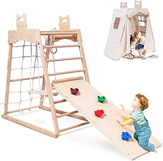 Ascism Jungle Gym Indoor (8 in 1) Wooden Indoor Playground, Toddler Wooden Climbing Toys Indoor, Montessori Toddler Playset Indoor, Toddler Gym with Slide, Climbing Net, Swing, Tent, Gymnastics Ring