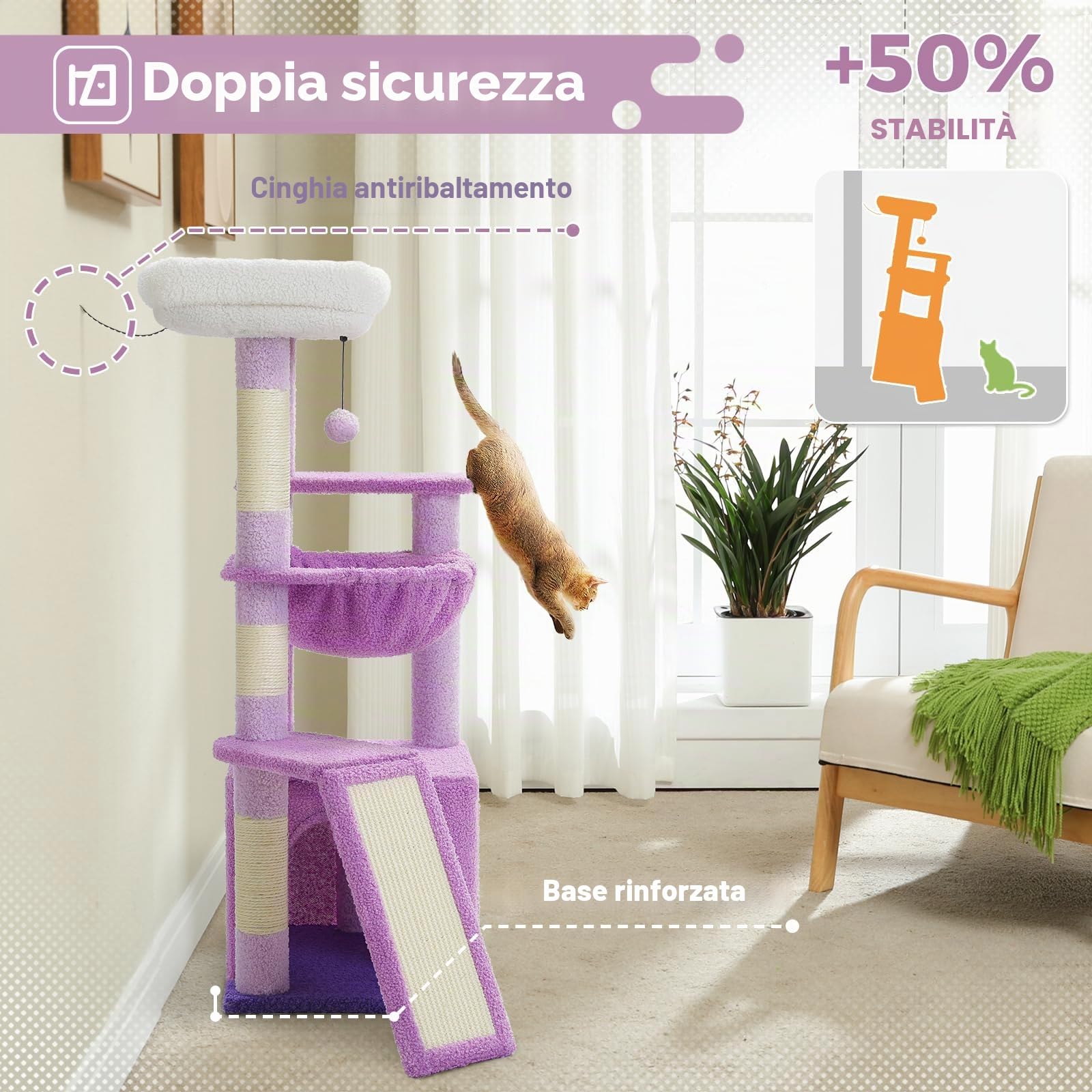 PAWZ Road, Struttura ad albero per gatti, da interni, con spaziosa cuccia, 1 piano in sisal, 3 pali tiragraffi, grande amaca e trespolo, 90 cm, viola