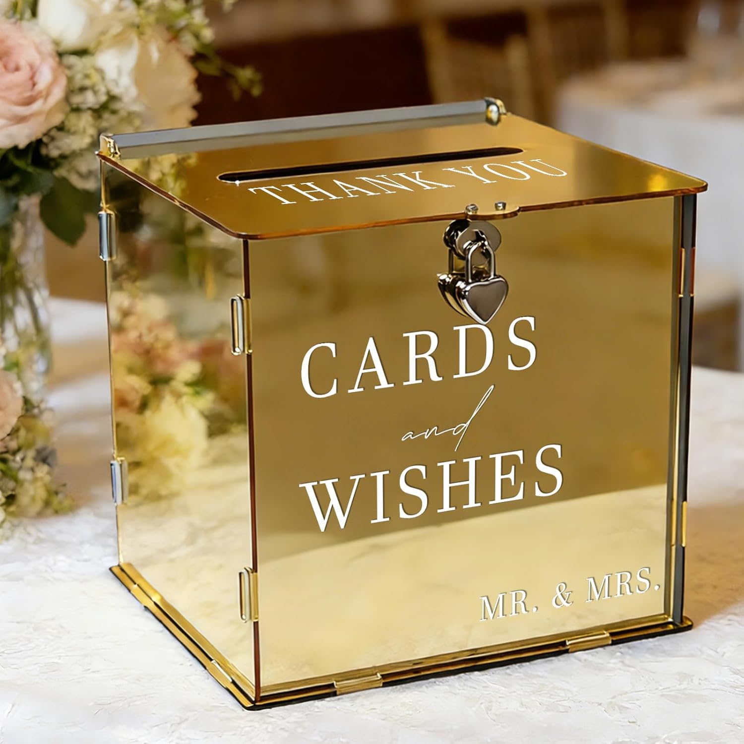 Acrylic Gold Card Box with Slot & Lock, Metallic Golden Classy Wedding Card Boxes for Reception, Large Money Gift Cards Box for Party Engagement Bridal Shower Luxury Wedding Table Decor