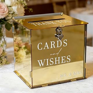 Acrylic Gold Card Box with Slot & Lock, Metallic Golden Classy Wedding Card Boxes for Reception, Large Money Gift Cards Box for Party Engagement Bridal Shower Luxury Wedding Table Decor