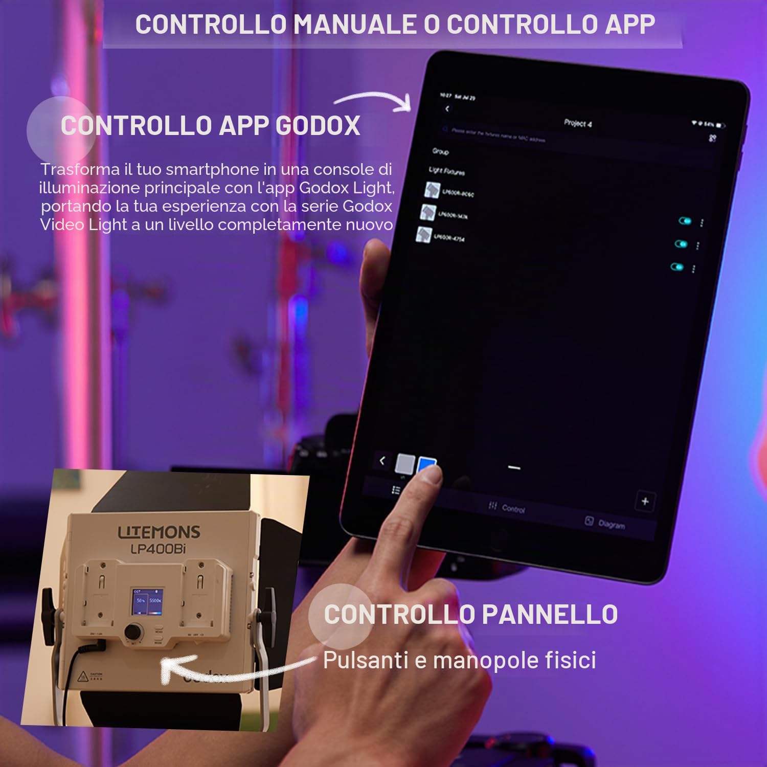 Godox LP400R LP400 RGB LED Panel con app control, 36 W Fotografia LED Video Light / 360° RGB/1800K-10000K/CRI 96+/TLCI 96+/14 modalità FX per gioco streaming YouTube Fotografia (2 pezzi)