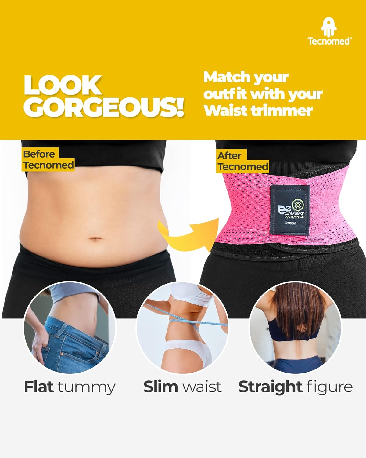 Tecnomed Ez Sweat Xchange Waist Trimmer (3 Colors In 1) - Waist Trainer for Women - Body Wrap - Workout Sweatband Belt