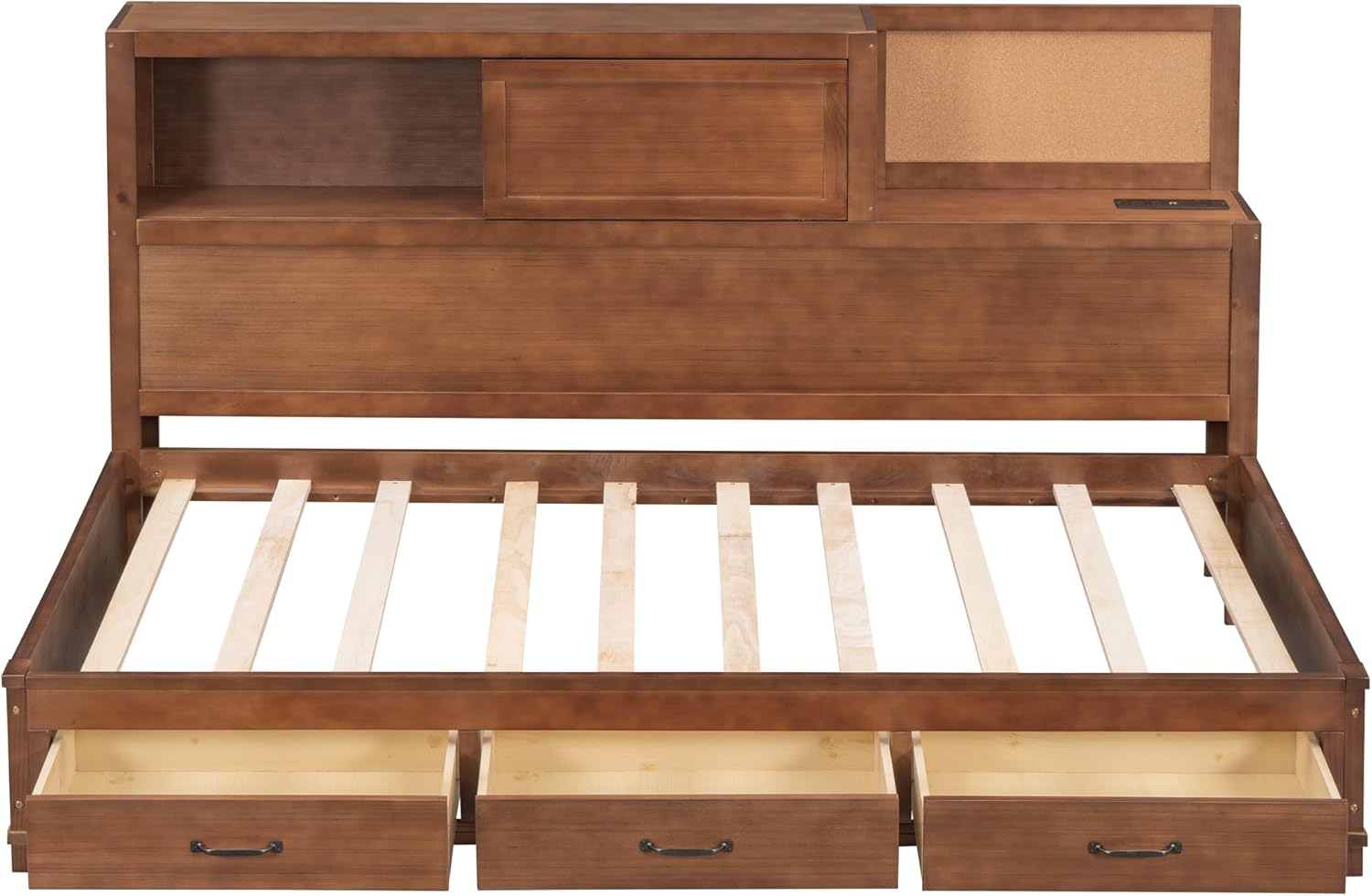 Harper & Bright Designs Twin Size Wooden Daybed with 3 Storage Drawers, Upper Soft Board, Shelf and a Set of Sockets and USB Ports, Twin Storage Bed for Small Living Space,Brown