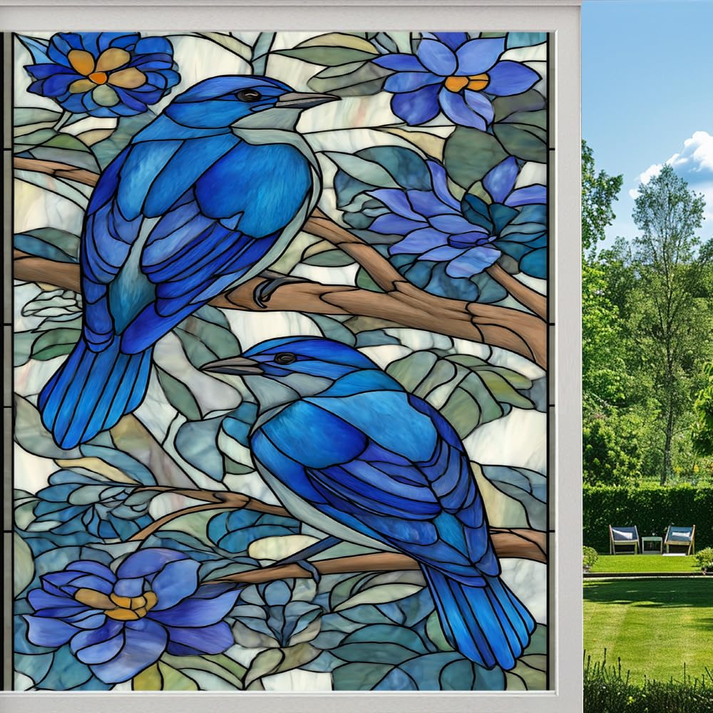 Retro Birds Privacy Window Film, Spring Flowers Plants Frosted Self-Adhesive Vinyl Cling for Glass Doors Bathroom Windows Sun Blocking Heat Control, （80x140cm）