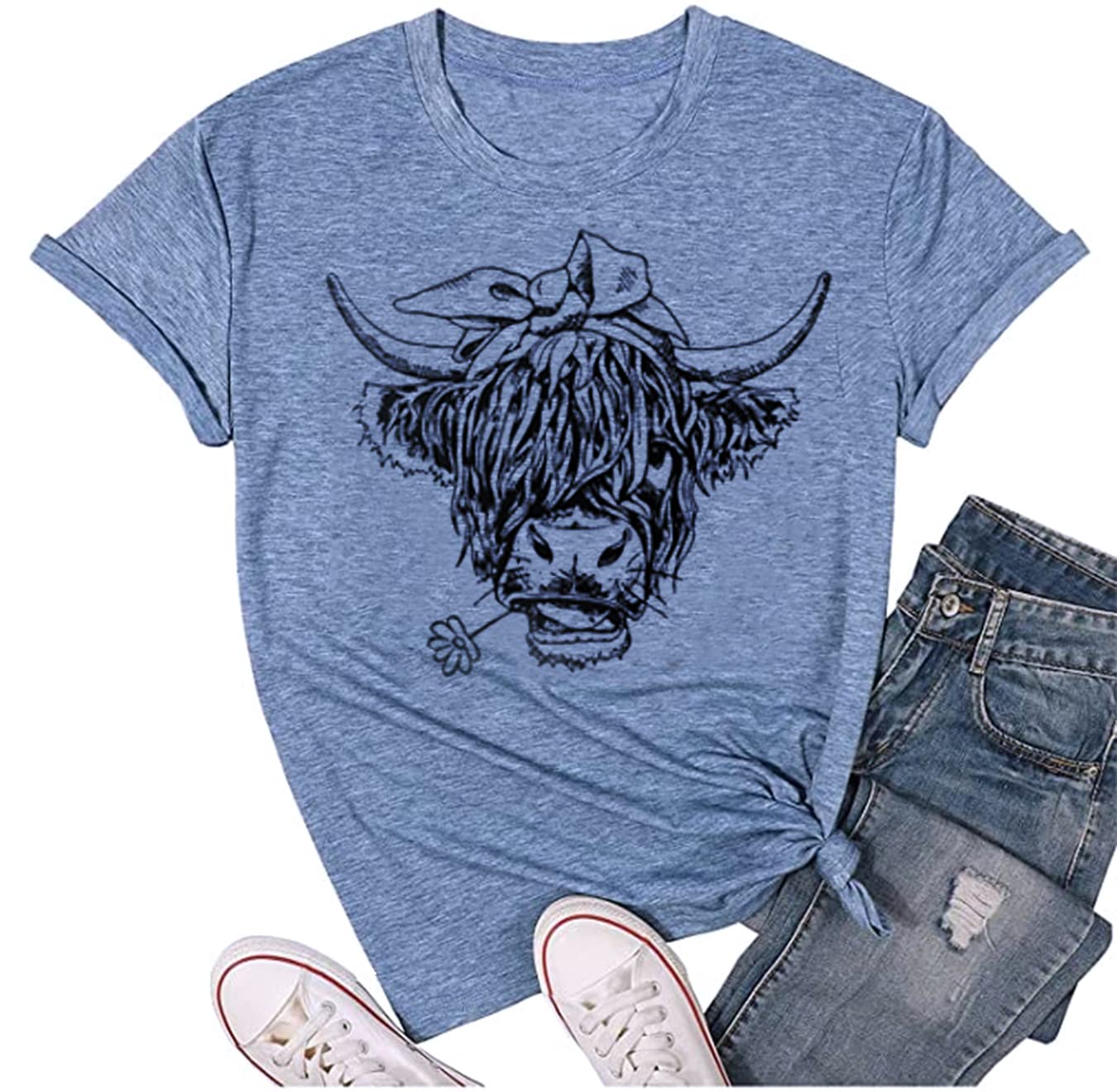 Cow Shirts for Women Funny Cattle Cowgirl Tshirt Cute Animal Graphic Printed Farm Life Tshirt Vacation Casual Tee