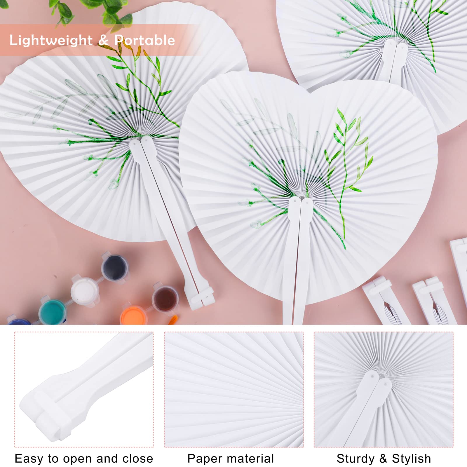 Aodaer 100 Stück herzförmige faltbare Fächer aus weißem Papier mit Kunststoffgriffen für Party, Hochzeit, Jubiläumsdekoration