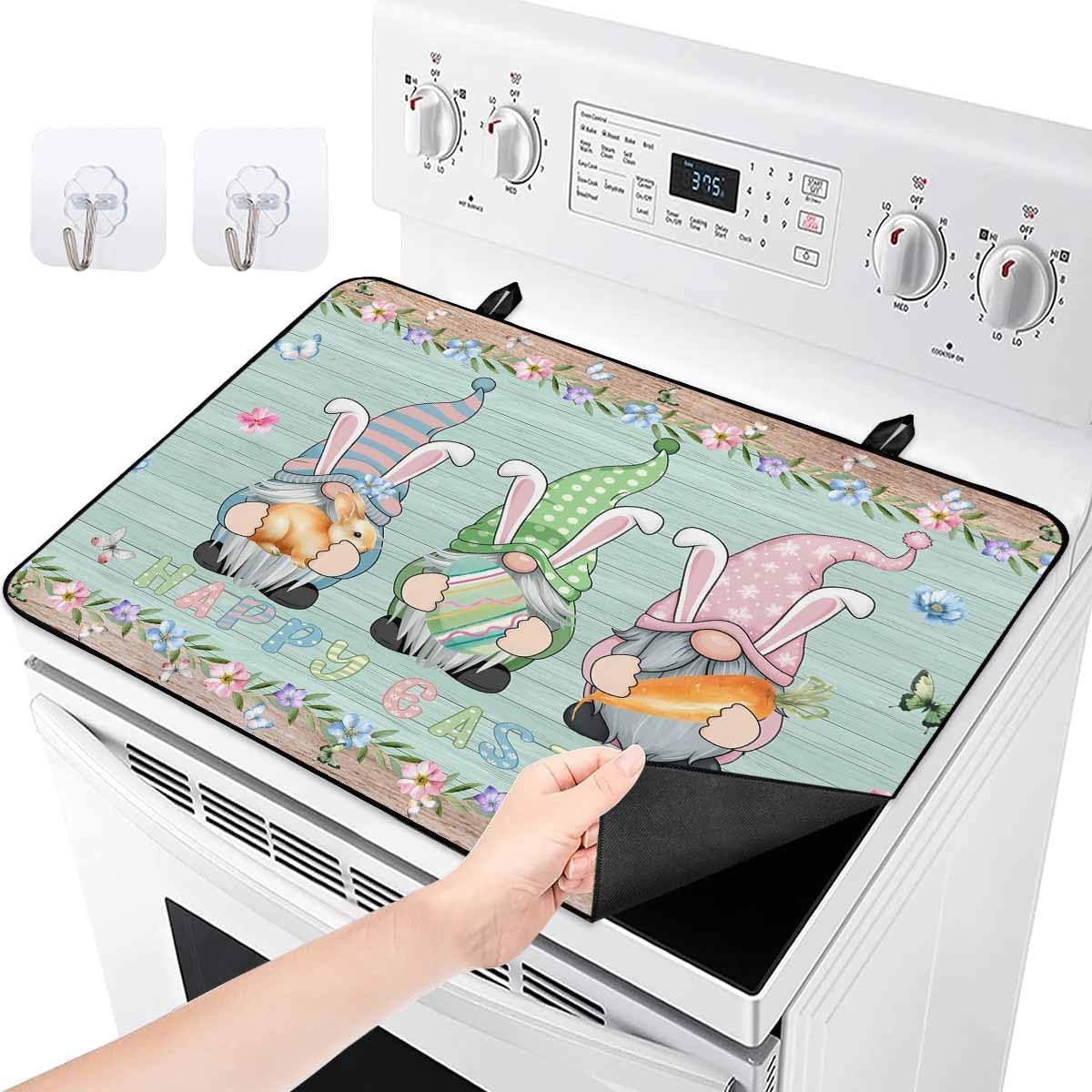 Easter Stove Cover for Electric Stove, Rabbits Eggs Gnomes Retro Wood Grain Stove Top Cover for Glass Top, Heat Resistant Rubber Mat Foldable Cooktop Cover Top Protector, 28.5"x20.5"