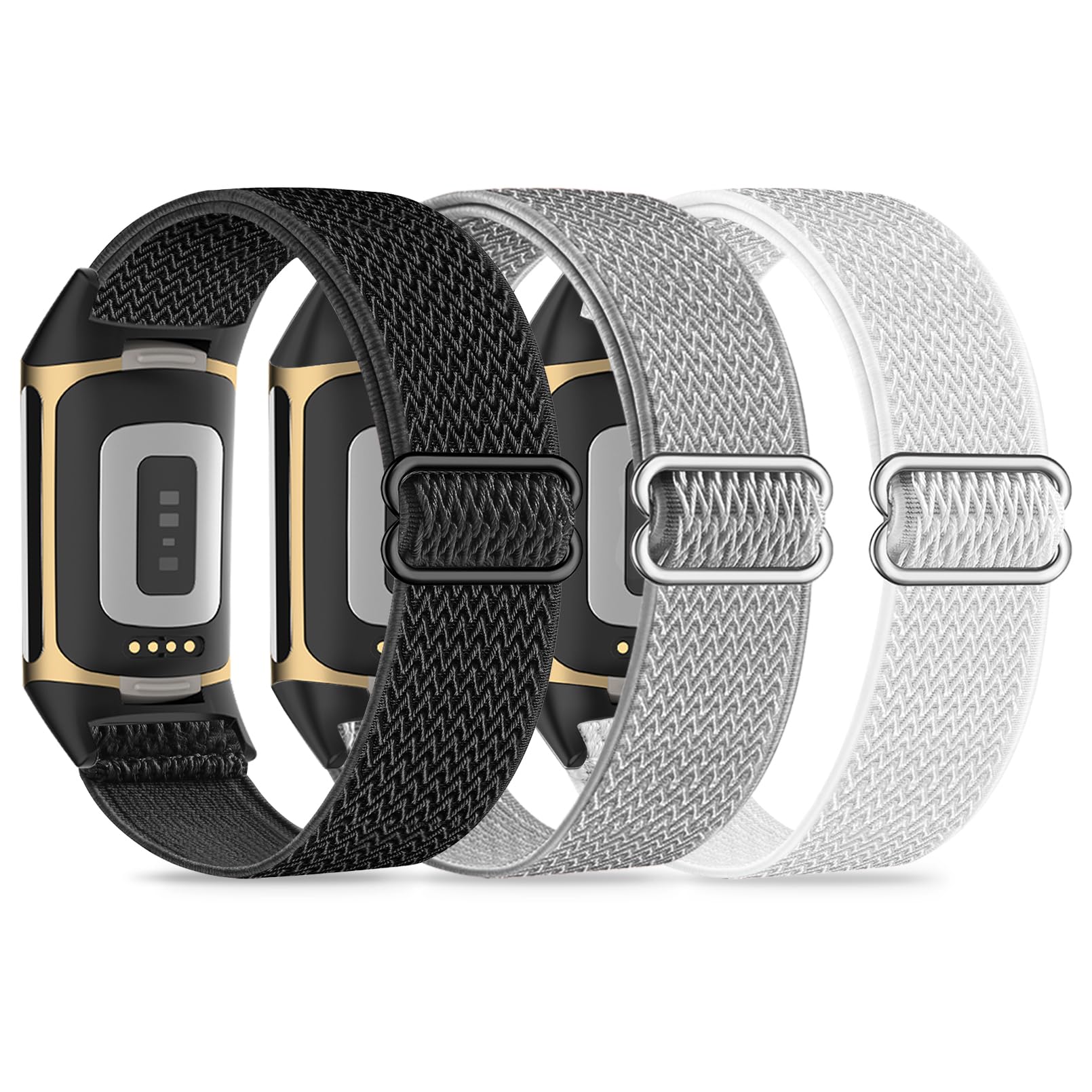Kollody 3 Pack Nylon Elastic Watch Bands Compatible with Fitbit Charge 6/5, Soft Stretchy Breathable Adjustable Loop Fabric Sport Replacement Strap for Fitbit Charge 5/6 Fitness Tracker Women Men