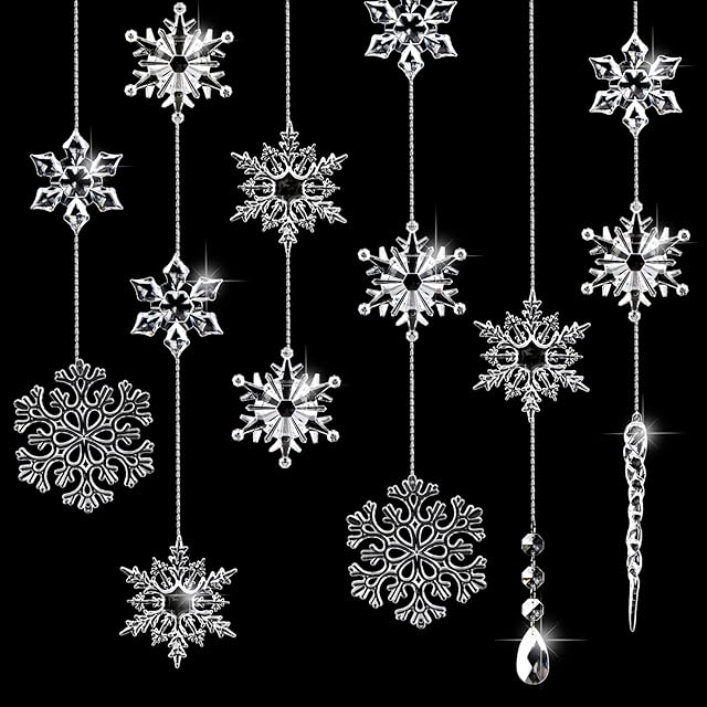 VEYLIN Christmas Tree Ornaments, 30 Pack Acrylic Crystal Pendants Clear Snowflakes Icicles Teardrop Hanging Decoration Set for Winter Home Decor