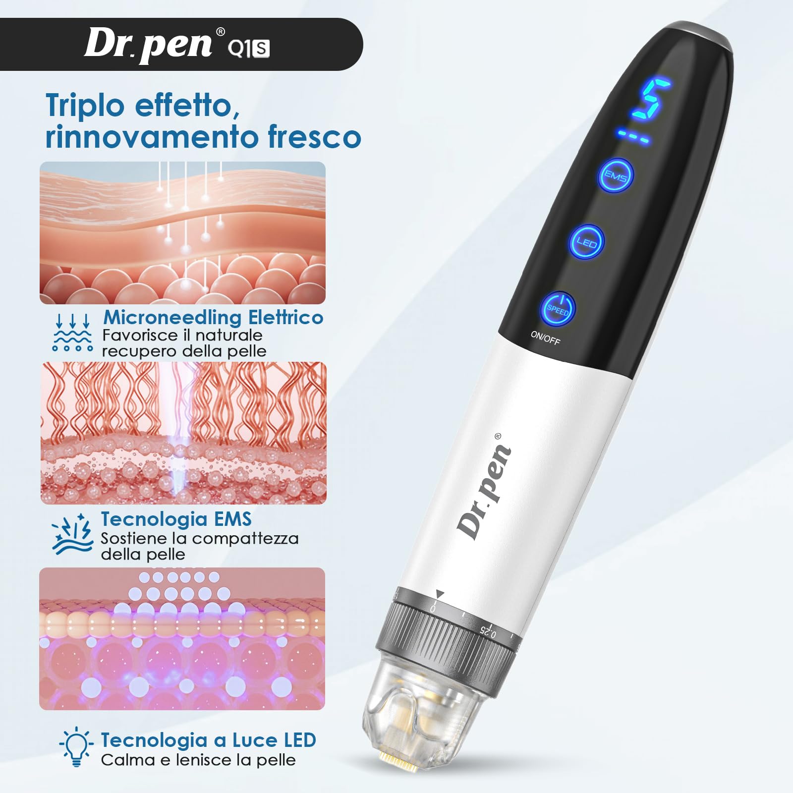 Dr. Pen Q1S Microneedling Pen, 3-IN-1 Luce Rossa e Blu, 5 Velocità, 3 Livelli EMS, Kit Dermapen Senza Fili Viso