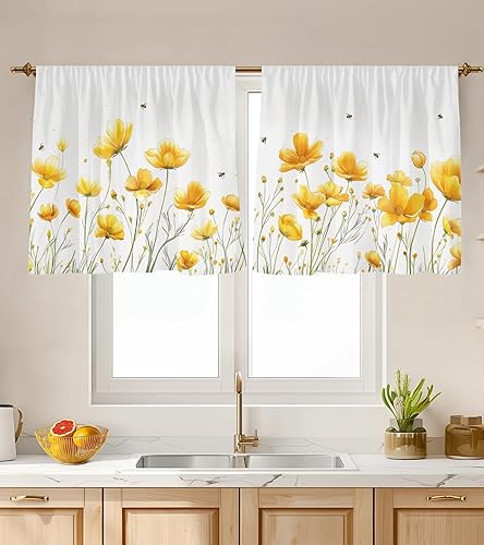Miniatura 26 de Cortinas de Cocina (2 Piezas) Sobre el Fregadero para Ventana de Baño Café Sótano Cortinas para Cocina Granja Cortina Corta Mini Flor Abeja Verano