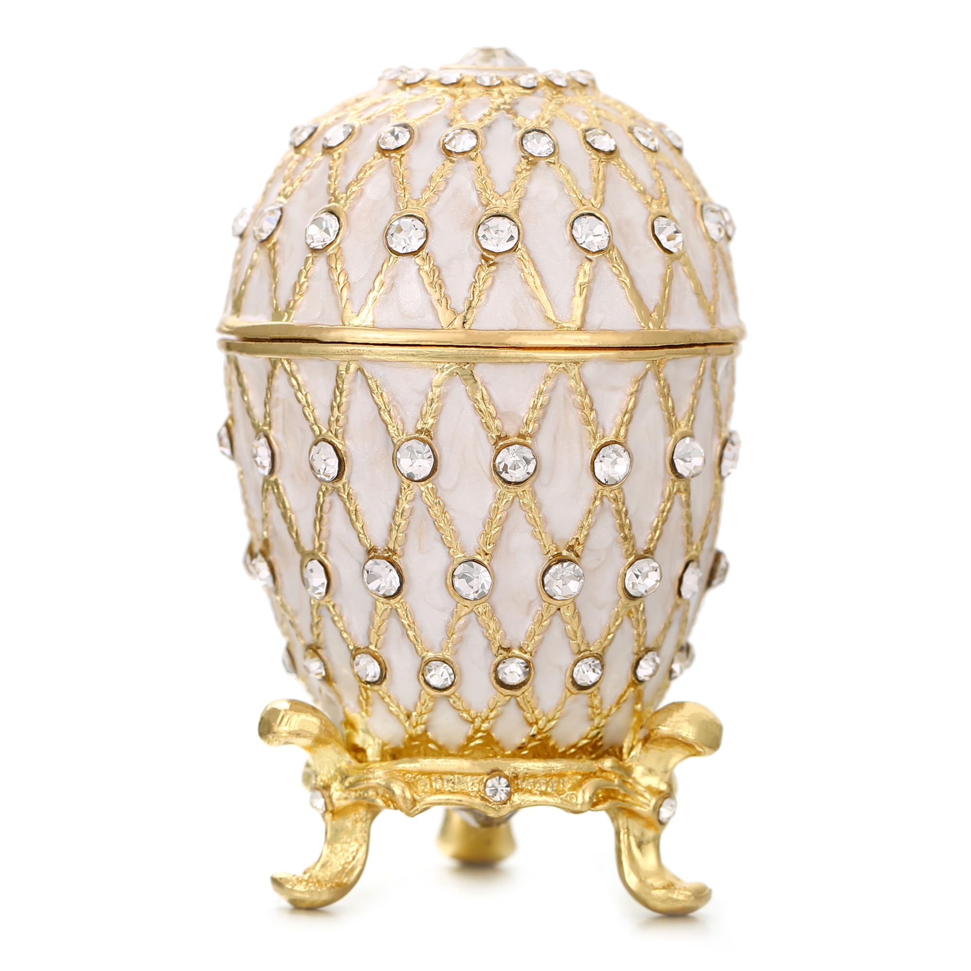 Hand Painted Trinket Box for Home Decor, Hinged Enameled Jewelry Box for Ring Earrings Jewelry Organizer, Unique Vintage Bejeweled Storage Figurine Collectible Keepsake (Faberge Egg-Ivory)