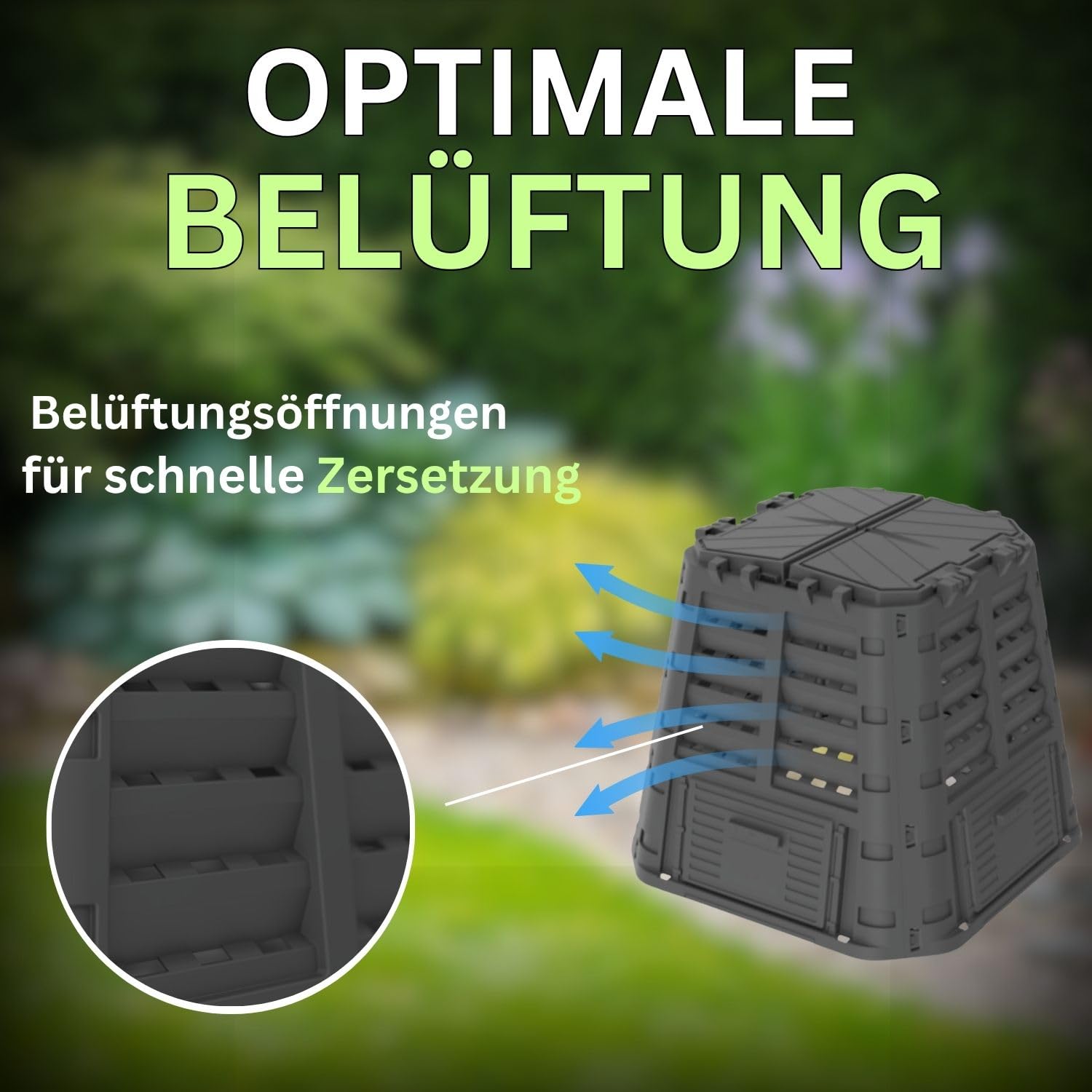 ViD Composteur de jardin 480 l, noir, 93 x 93 x 80 cm, composteur rapide, robuste, résistant aux intempéries, composteur thermique avec système de ventilation, plastique
