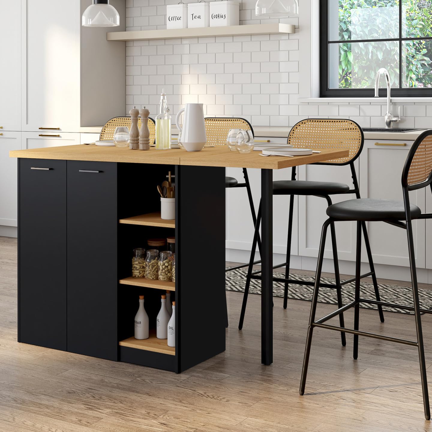 IDMarket - Ilot Central Cesar 140 cm 5 Personnes Bois Noir avec Plan de Travail façon hêtre