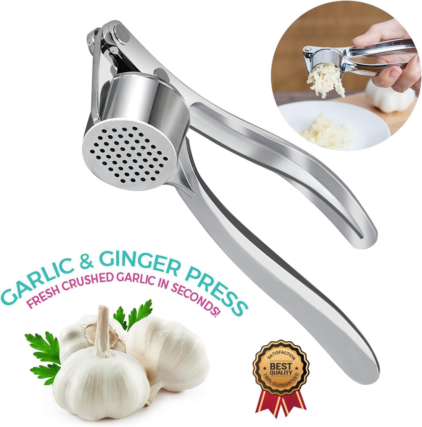 ECO DEALS Garlic and Ginger Press. Crushed Garlic in Seconds with Just One Squeeze. Special Stainless Steel Alloy. Easy to Clean with a Simple Rinse. 100% Dishwasher Safe.!