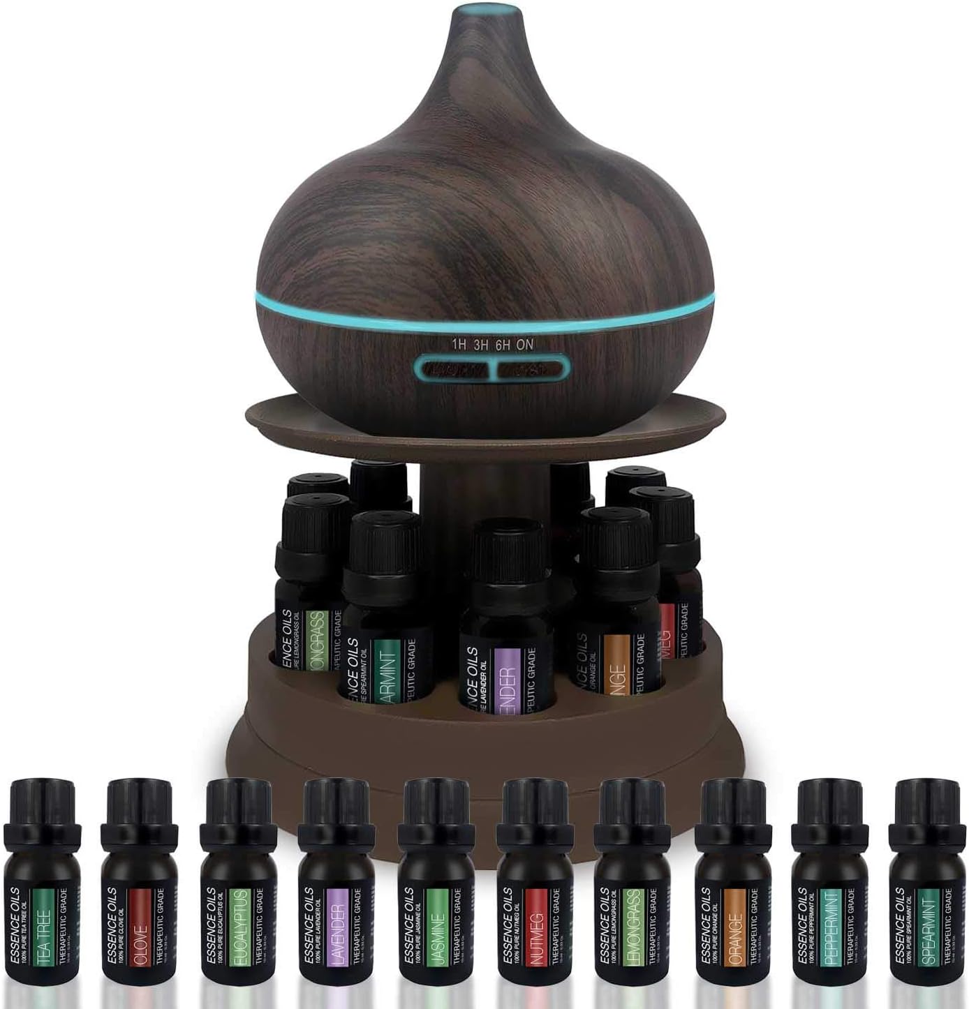 Pure Daily CareUltimate Aromatherapy Ultrasonic 300ml Diffuser & Top 10 Therapeutic Grade Essential Oils Set w/Rotating Display Stand - 4 Timer & 7 Ambient Light Settings