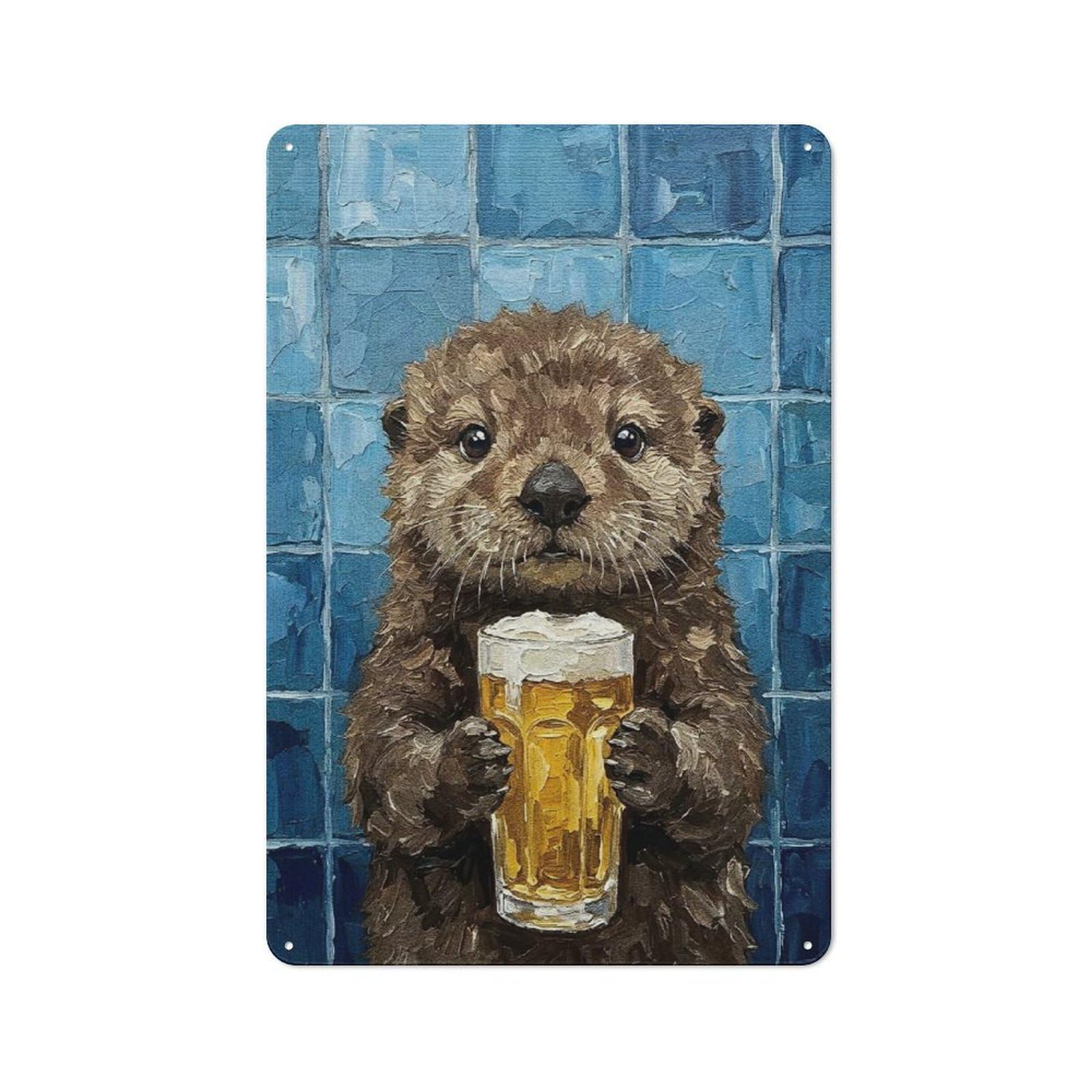 Otter with Beer Painting Tin Wall Plaque 30x20cm, Barn Style Rustic Kitchen Decor for Farmhouse Kitchen, Pantry Or Dining Area