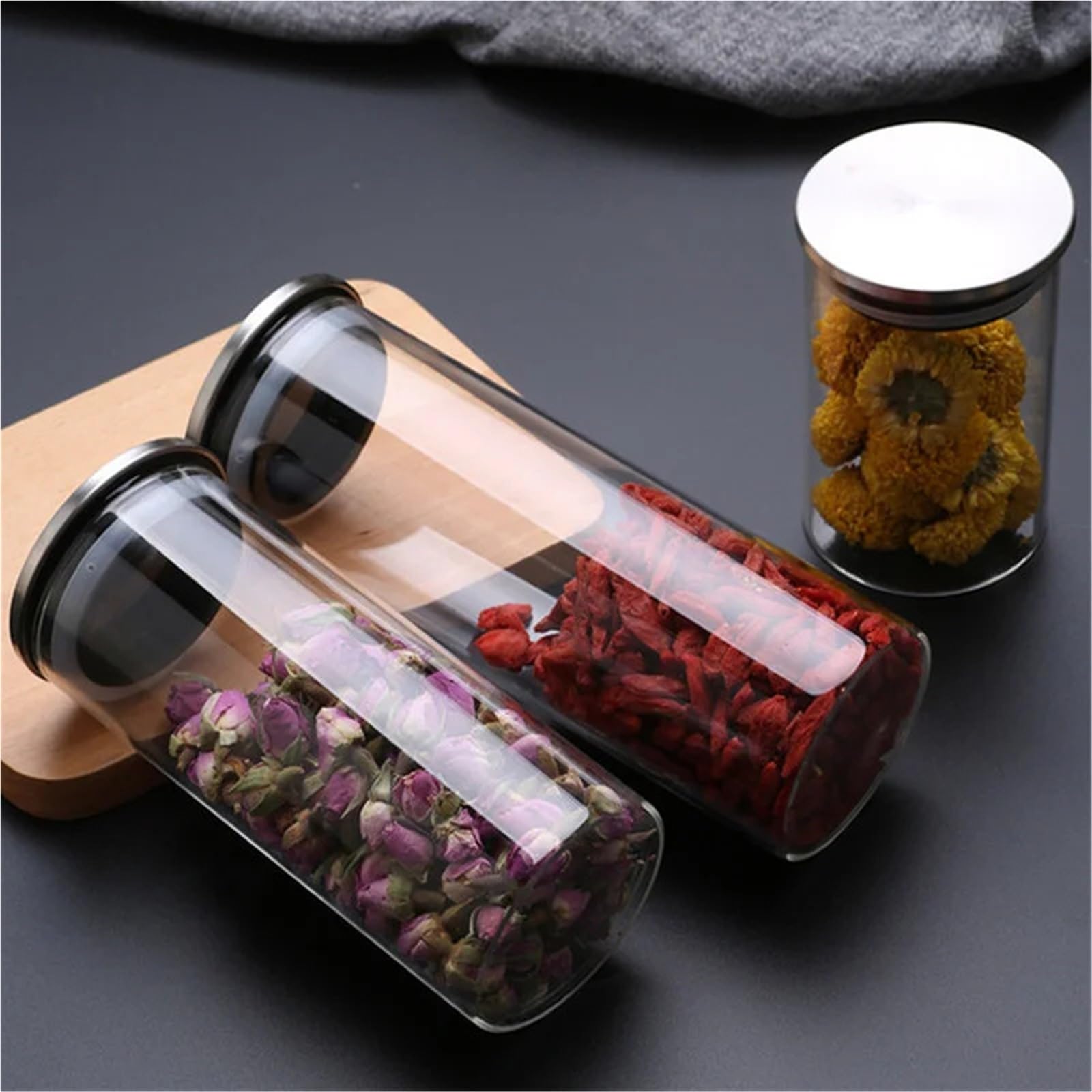 Vorratsglas FüR TrockenfrüChte 2 stücke Glas Kanister Edelstahl Abdeckung Gewürz Gläser Lagerung Tank Kaffee Bean Getrocknete Obst Lebensmittel Behälter Küche Zubehör FüR Kaffee Und Tee(65x100mm)