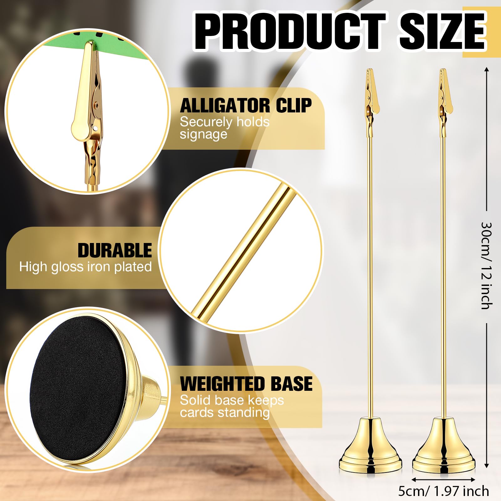 Skyygemm 12 Pcs Table Number Holders 12 Inch Place Card Holder with Alligator Clip Metal Place Card Stands Table Sign for Photos, Food Signs, Birthdays, Weddings (Gold)